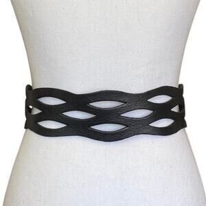 Vintage Moroccan Genuine Wide Leather Belt Black Motif 56 Made in Morocco Small